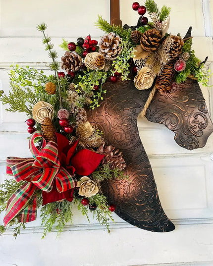 Leather Look Berry And Pine Horse Wreath with poinsettia : Poinsettia
