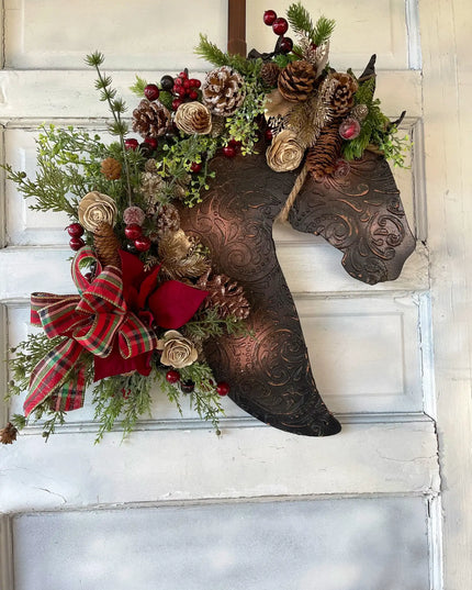 Leather Look Berry And Pine Horse Wreath with poinsettia : Poinsettia