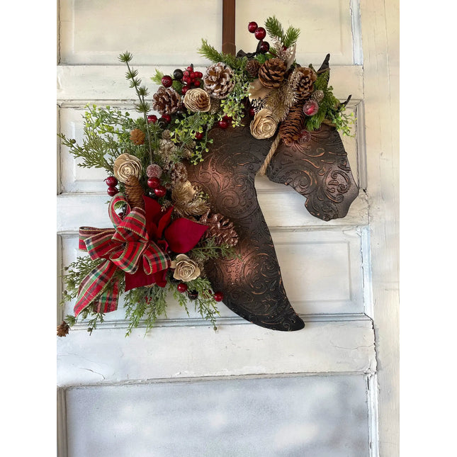 Leather Look Berry And Pine Horse Wreath with poinsettia : Poinsettia