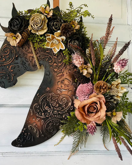 Leather Look Wood Flower Horse Head Wall Art Door Wreath: 16x21 / With Lasso