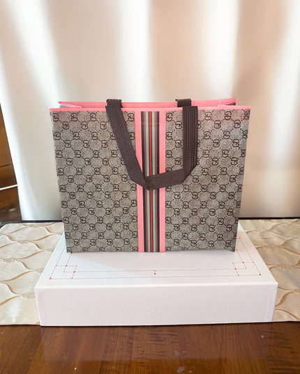 ByHome - 50pcs, 4 Sizes Luxury Grid Pink Stripes Non-woven Gift Bag: Medium