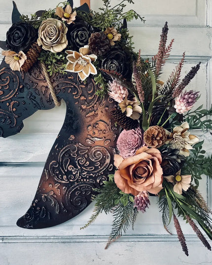 Leather Look Wood Flower Horse Head Wall Art Door Wreath: 16x21 / With Lasso