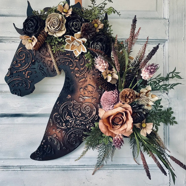 Leather Look Wood Flower Horse Head Wall Art Door Wreath: 16x21 / With Lasso