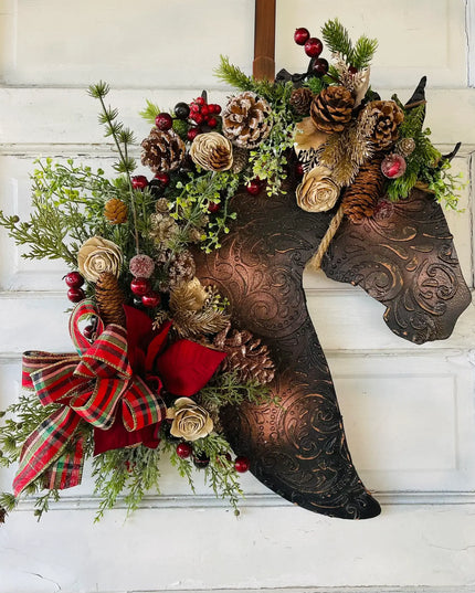 Leather Look Berry And Pine Horse Wreath with poinsettia : Poinsettia