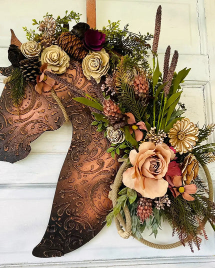 Leather Look Wood Flower Horse Head Wall Art Door Wreath: 16x21 / With Lasso