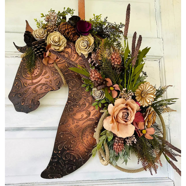 Leather Look Wood Flower Horse Head Wall Art Door Wreath: 16x21 / With Lasso