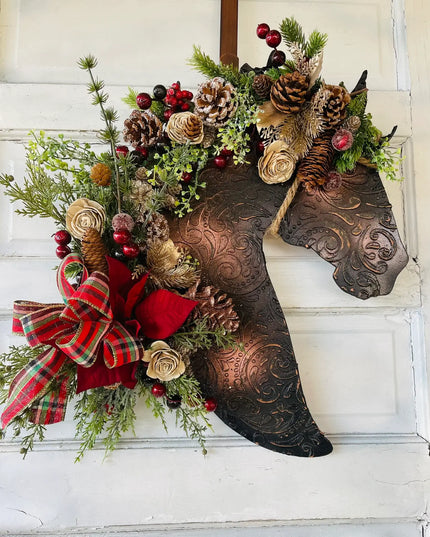 Leather Look Berry And Pine Horse Wreath with poinsettia : Poinsettia