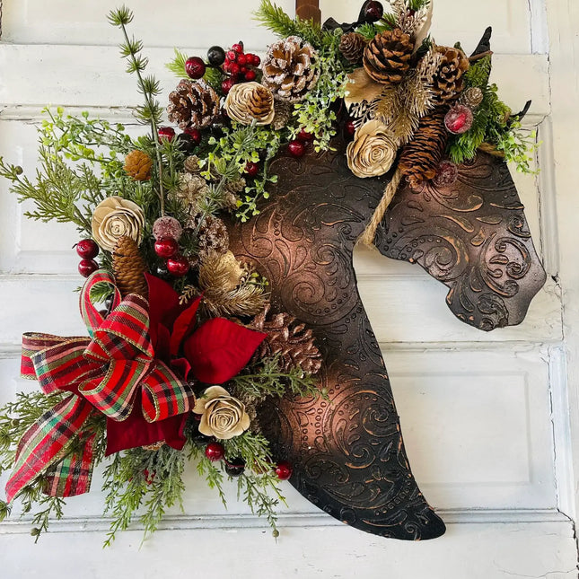 Leather Look Berry And Pine Horse Wreath with poinsettia : Poinsettia