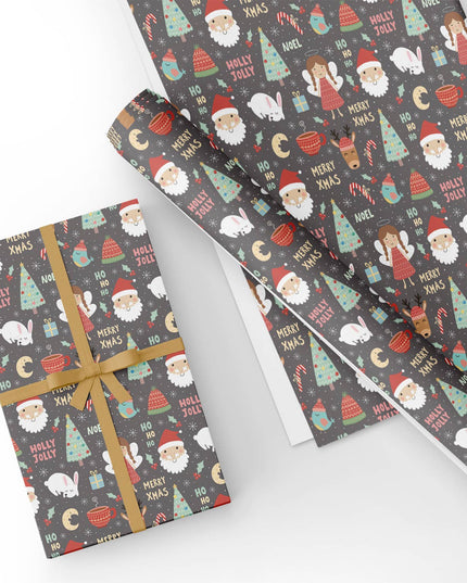 Custom Grey Christmas Girl Santa Flat Wrapping Paper