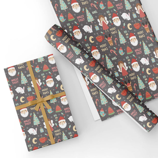 Custom Grey Christmas Girl Santa Flat Wrapping Paper