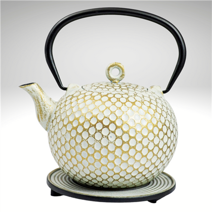Cast Iron Teapot White/Gold with Trivet