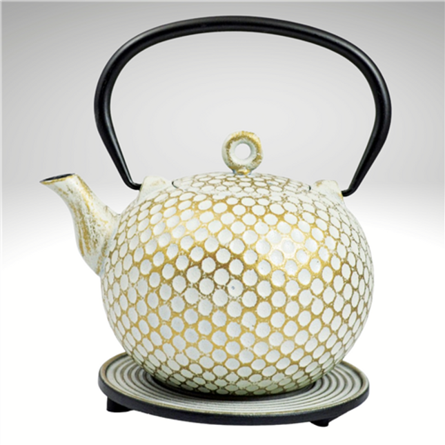 Cast Iron Teapot White/Gold with Trivet