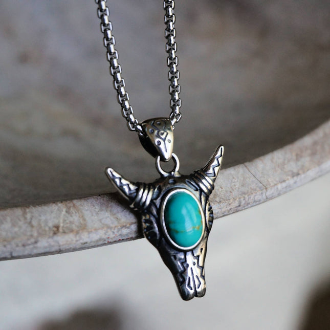 Cow Skull Turquoise Necklace: 18"