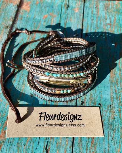 "Blue Sky" Boho Leather Wrap Bracelet