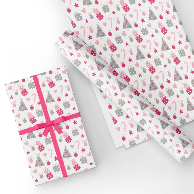 Custom Pink and Grey Walking Stick Christmas Wrapping Paper