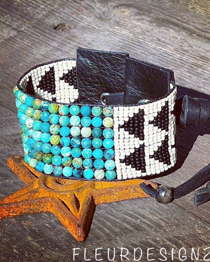 Natural Turquoise Bandelier Cuff Bracelet, Western Jewelry