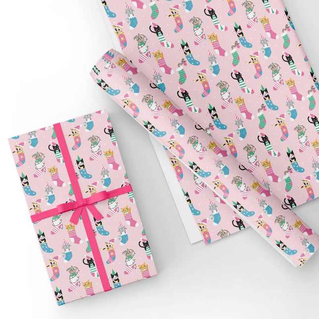Custom Pink Cat Socks Wrapping Paper