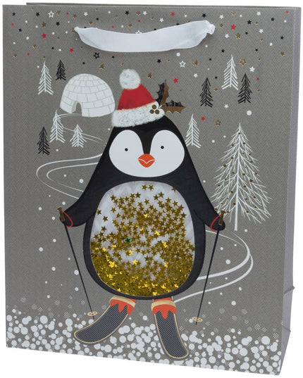 Skiing Penguin Sequin Large Gift Bag Christmas