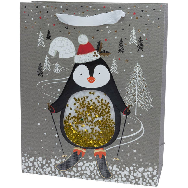 Skiing Penguin Sequin Large Gift Bag Christmas