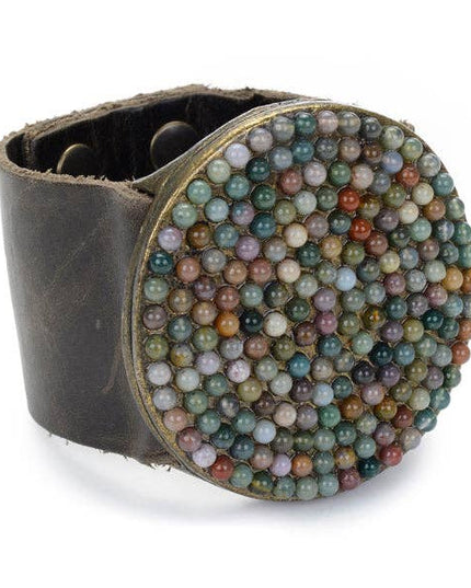 Large Beaded Round Disc Leather Bracelet