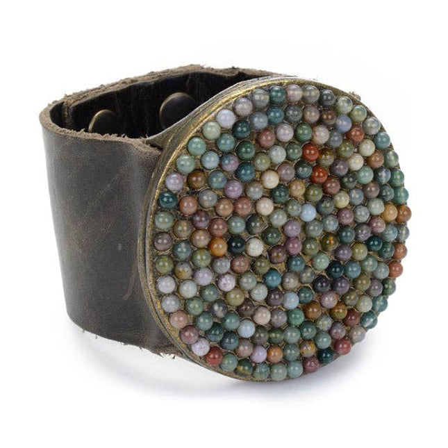 Large Beaded Round Disc Leather Bracelet