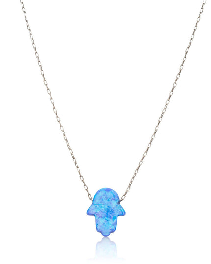 Blue Opal Hamsa Hand Necklace on Sterling Silver Chain