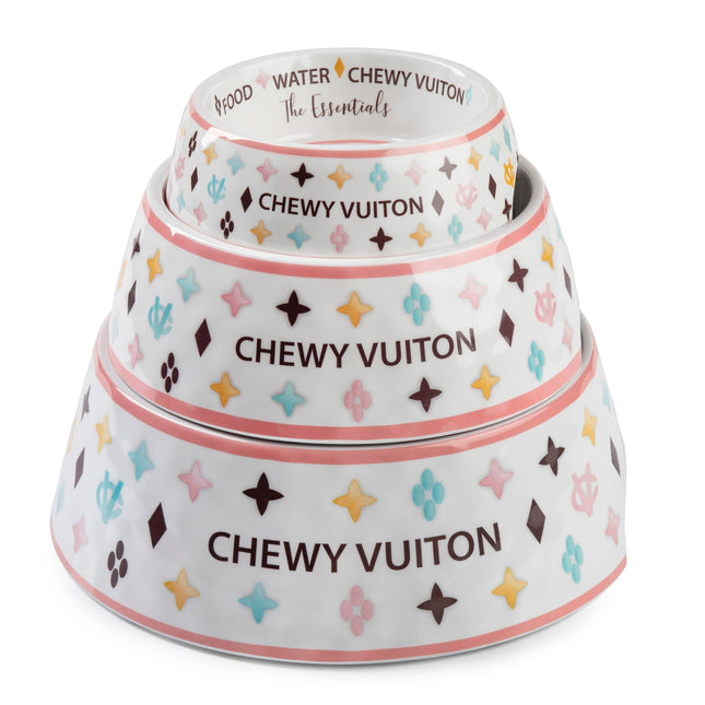 White Chewy Vuiton Dog Bowl - Large