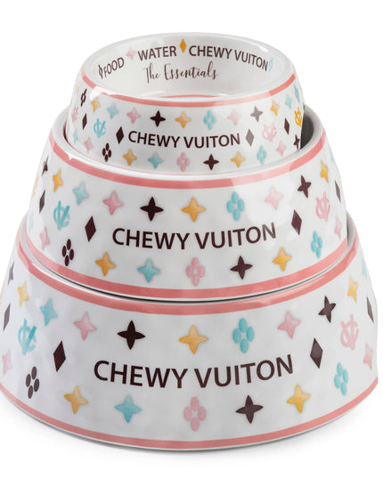 White Chewy Vuiton Dog Bowl - Medium