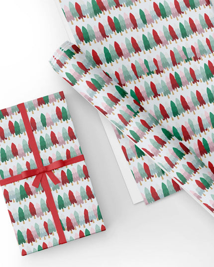 Custom Pink Green & Red Christmas Tree Flat Wrapping Paper