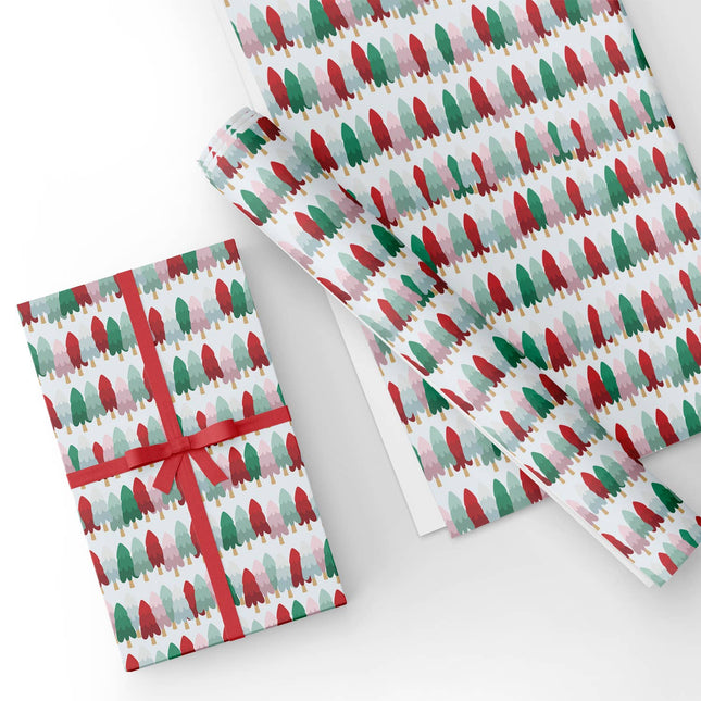 Custom Pink Green & Red Christmas Tree Flat Wrapping Paper