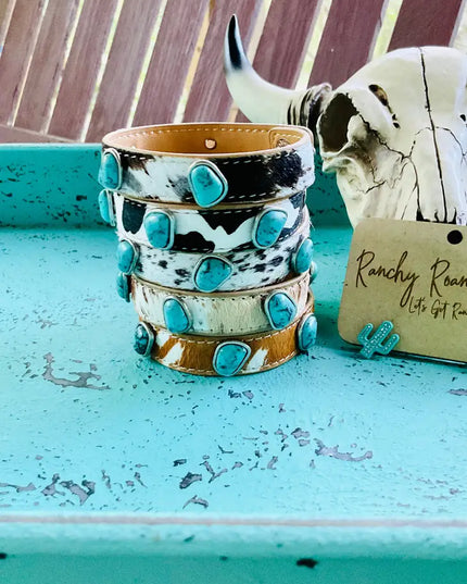 Cowhide Concho Leather Stone Bracelet