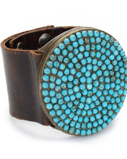 Large Beaded Round Disc Leather Bracelet