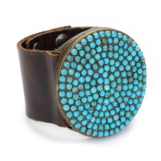 Large Beaded Round Disc Leather Bracelet