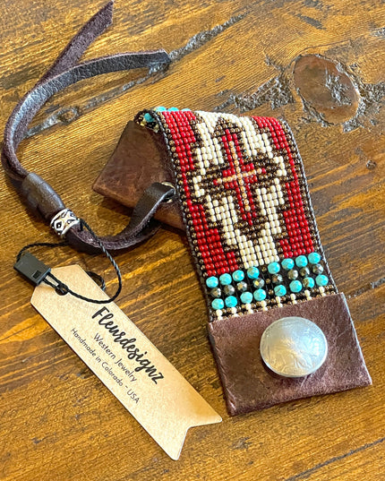 Western Beaded Leather Cuff Bracelet; Faith