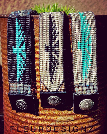 Leather Cuff Bracelet-Black background/Turquoise T-Bird