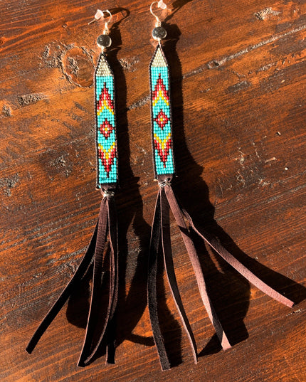 Boho Western - Suede Leather Long Earrings, Navajo Style