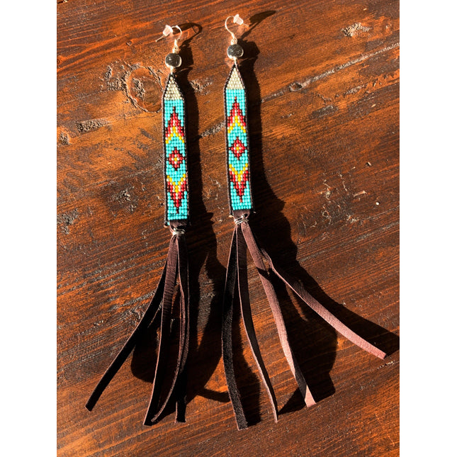 Boho Western - Suede Leather Long Earrings, Navajo Style